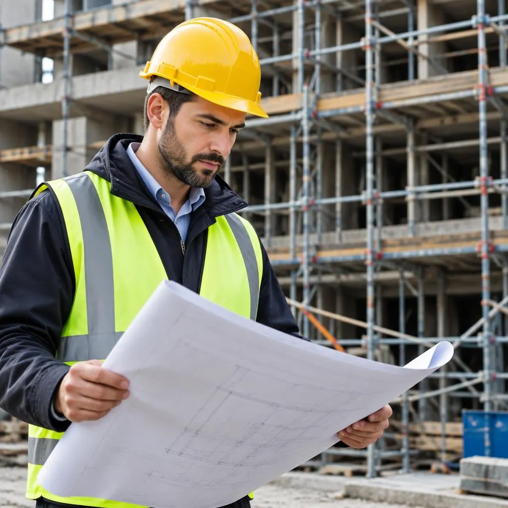 Tecnico in cantiere che consulta un progetto