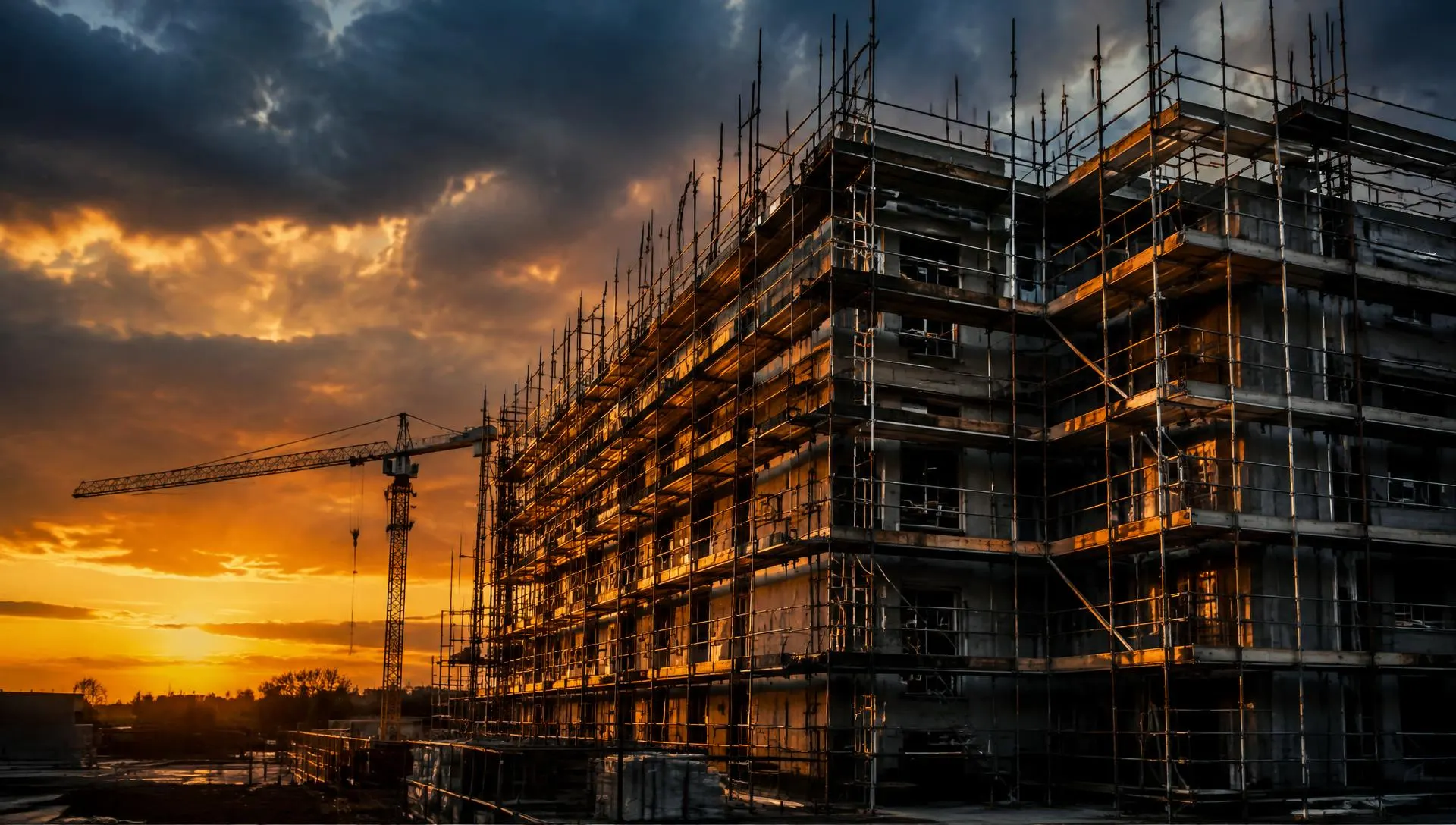 Edificio in costruzione con ponteggi al tramonto